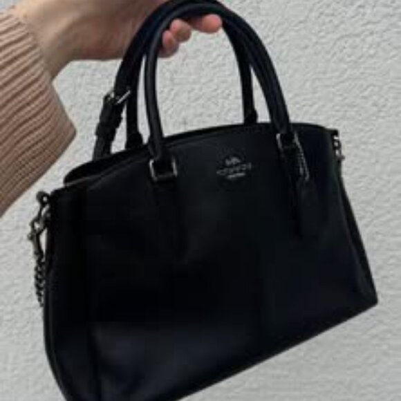 COACH Black Leather Carryall Purse with Long Strap Black Silver - Picture 5 of 5